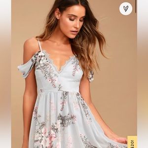 LuLus Verona Light Blue Floral Print Off-the-Shoulder Lace Dress- small